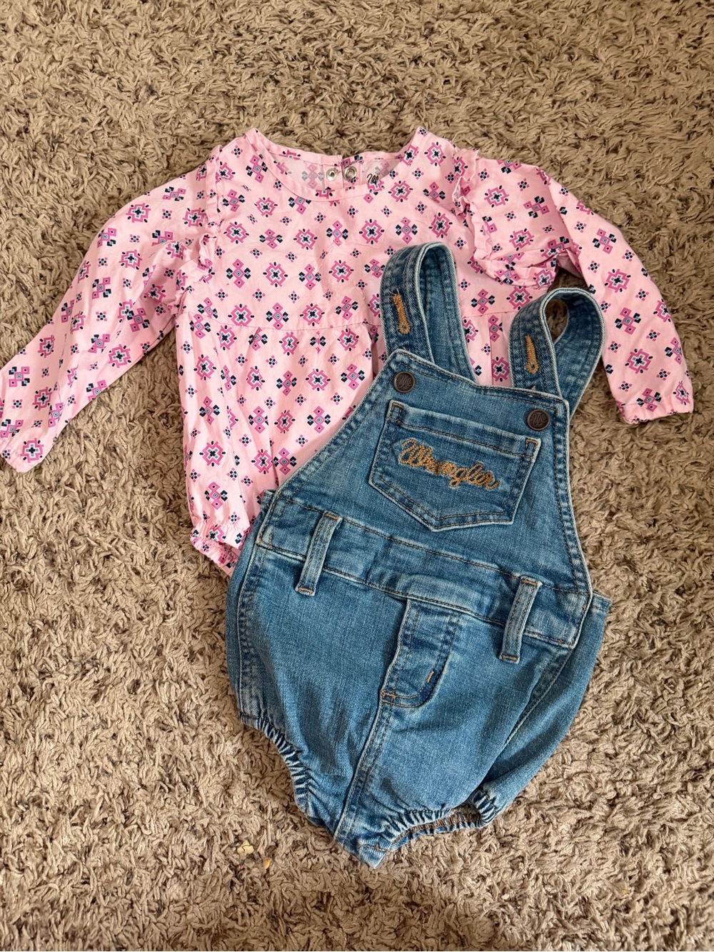 Wrangler Pink Floral Bodysuit with Denim Overall Romper